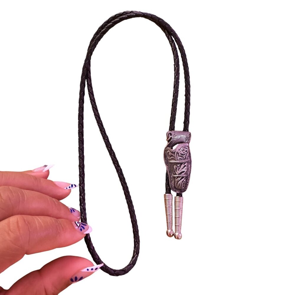 Vintage Silver Black Leather Empty Unarmed Holster Gun Control Bolo Tie